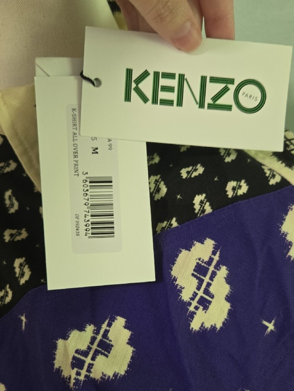 Kenzo Men's Cream, Black & Blue Geometric Patchwork Button-Down Shirt - Picture 2 of 5